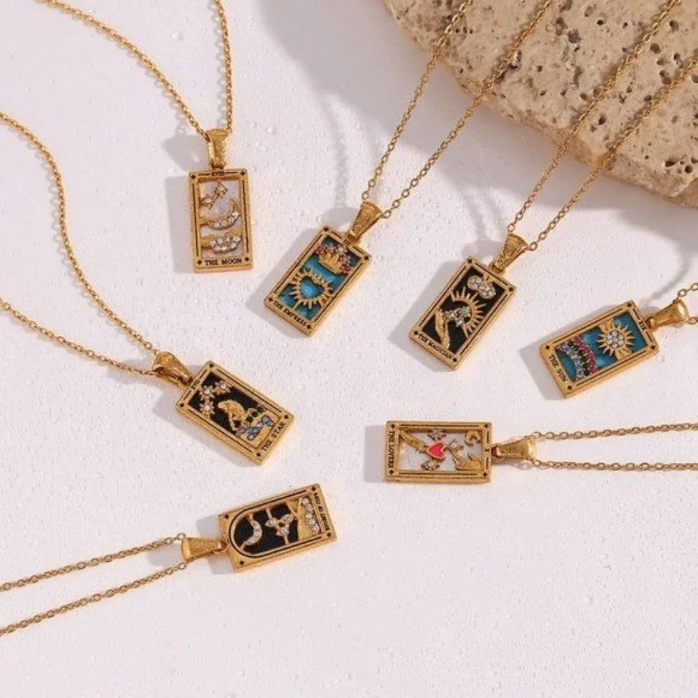 Sun Tarot Card Pendant Necklace 18K Gold Enamel Rectangle Stainless Steel - Picture 7 of 9